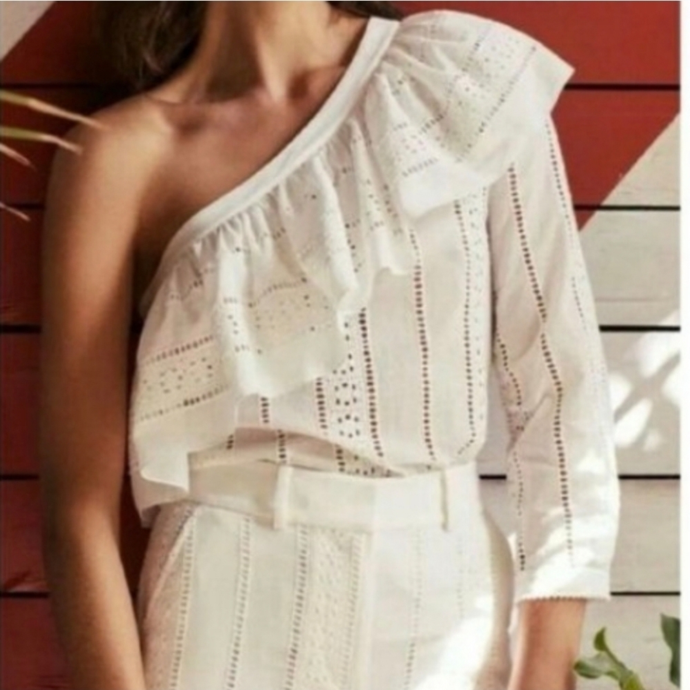 Veronica Beard Cruz Womens Top Size 4 White‎ Eyelet Ruffle Off Shoulder Blouse